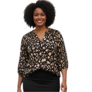 Crown & Ivy Leopard Print Blouse Women 1X  - 3/4 Sleeve Top Navy Tan
W